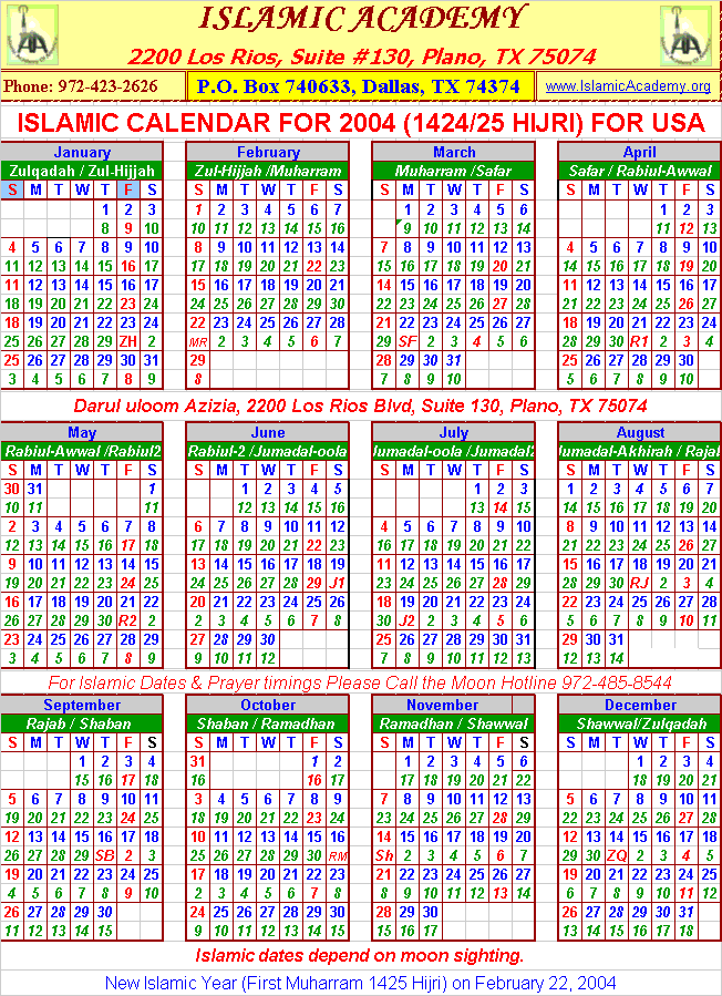 Islamic Calender USA 2004 | Hijri Calendar