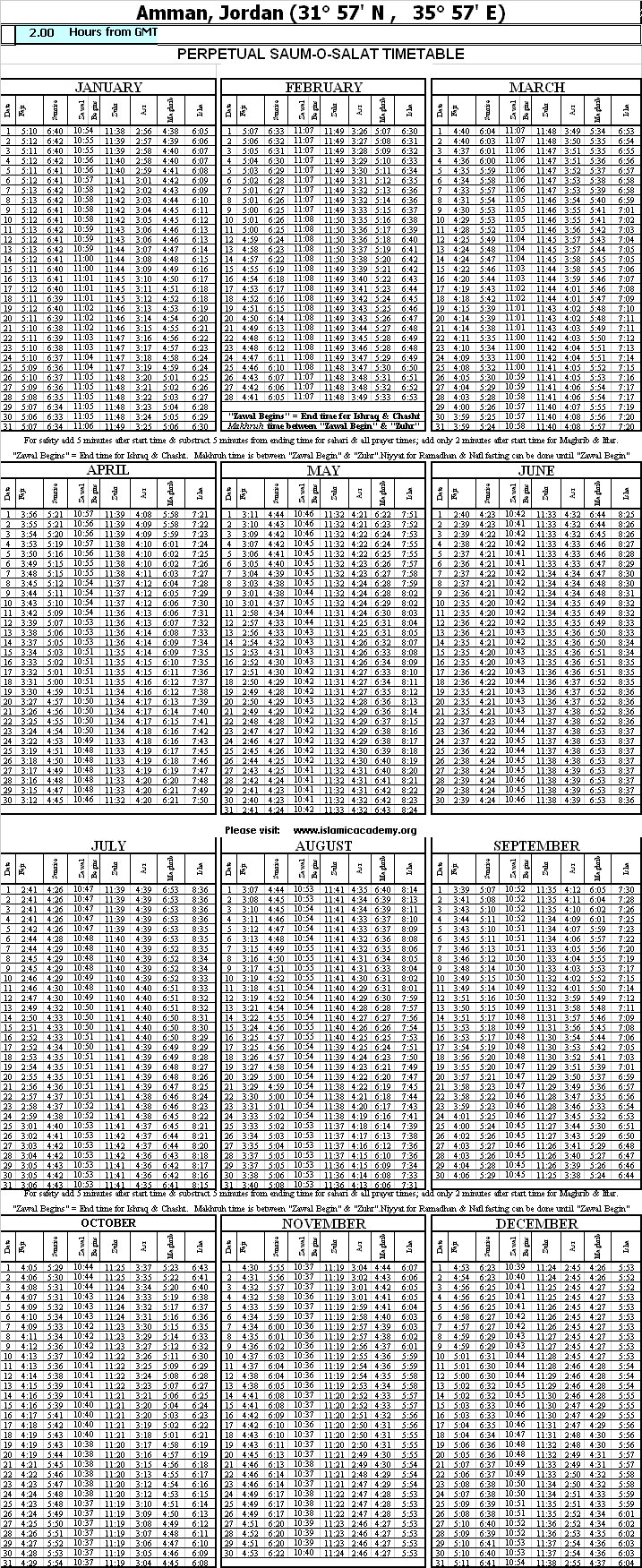 Islamic Namaz (Salat) Amman Jordan - Prayer (Salah) Time Table