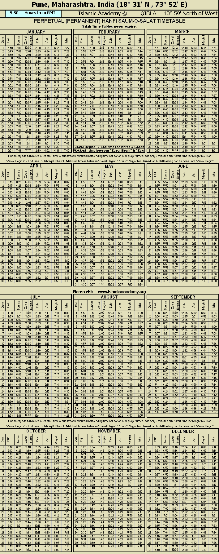 Namaz Time Table Chart 2017