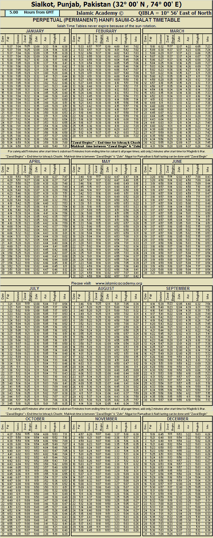 Namaz Time Table Chart 2017