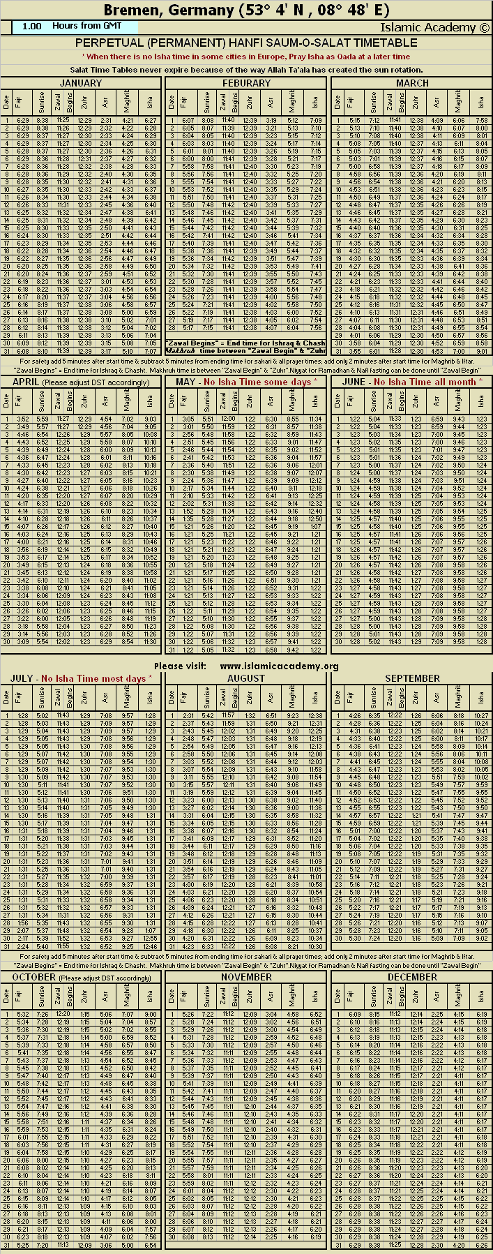 Islamic Namaz Salat Times Bremen Germany Prayer Salah Time Table