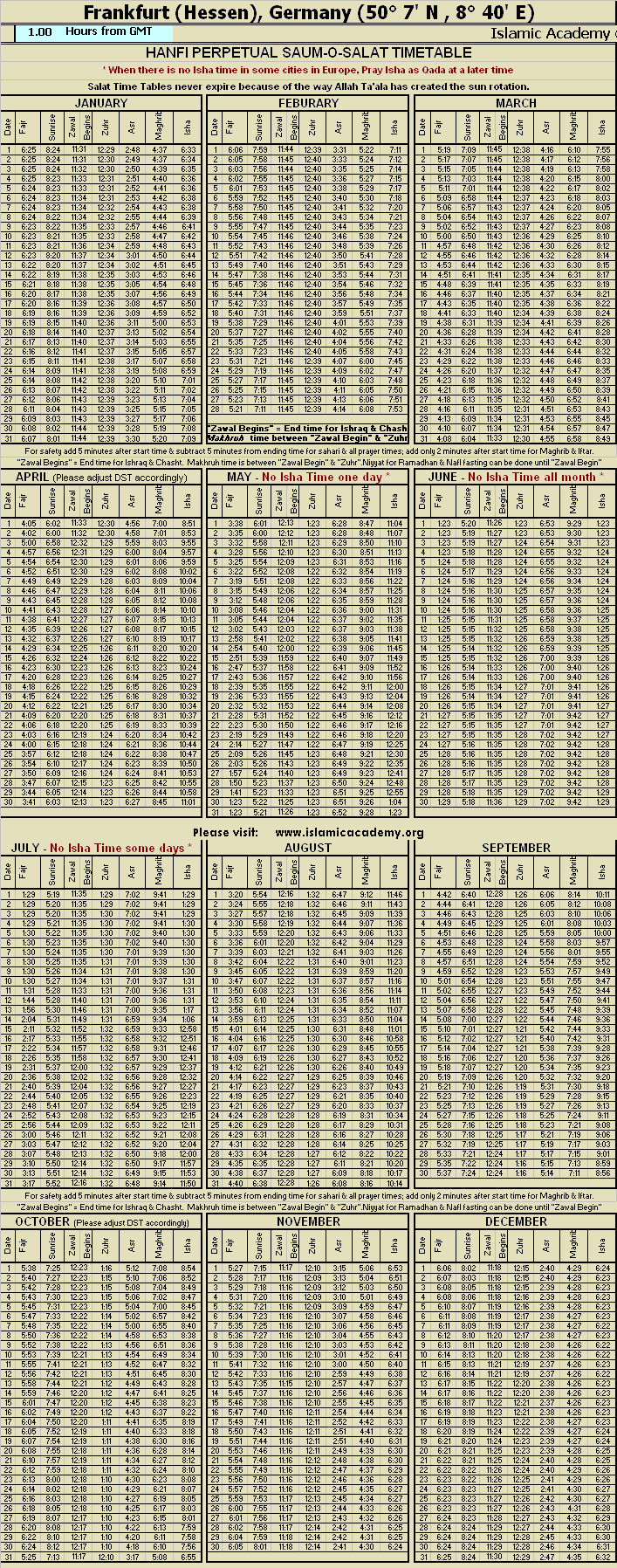 Islamic Namaz Salat Times Frankfurt Germany Prayer Salah Time Table